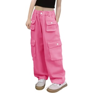 Ahaolaiyi Girl's Elastic Waist Trousers Loose Straight Leg Flap Pocket Cargo Pants