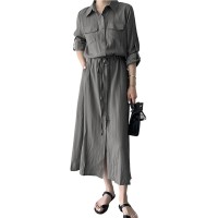 Ahaolaiyi Women Roll-Up Long Sleeve Button Down Shirt Midi Dress