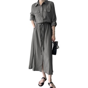 Ahaolaiyi Women Roll-Up Long Sleeve Button Down Shirt Midi Dress