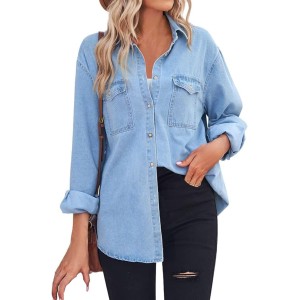 Ahaolaiyi Women's Spring Long Sleeve Pocket Denim Jean Button Down Shirt Business Blouse